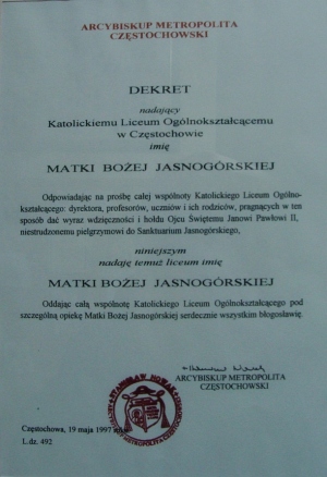 Patronka szkoły dekret1